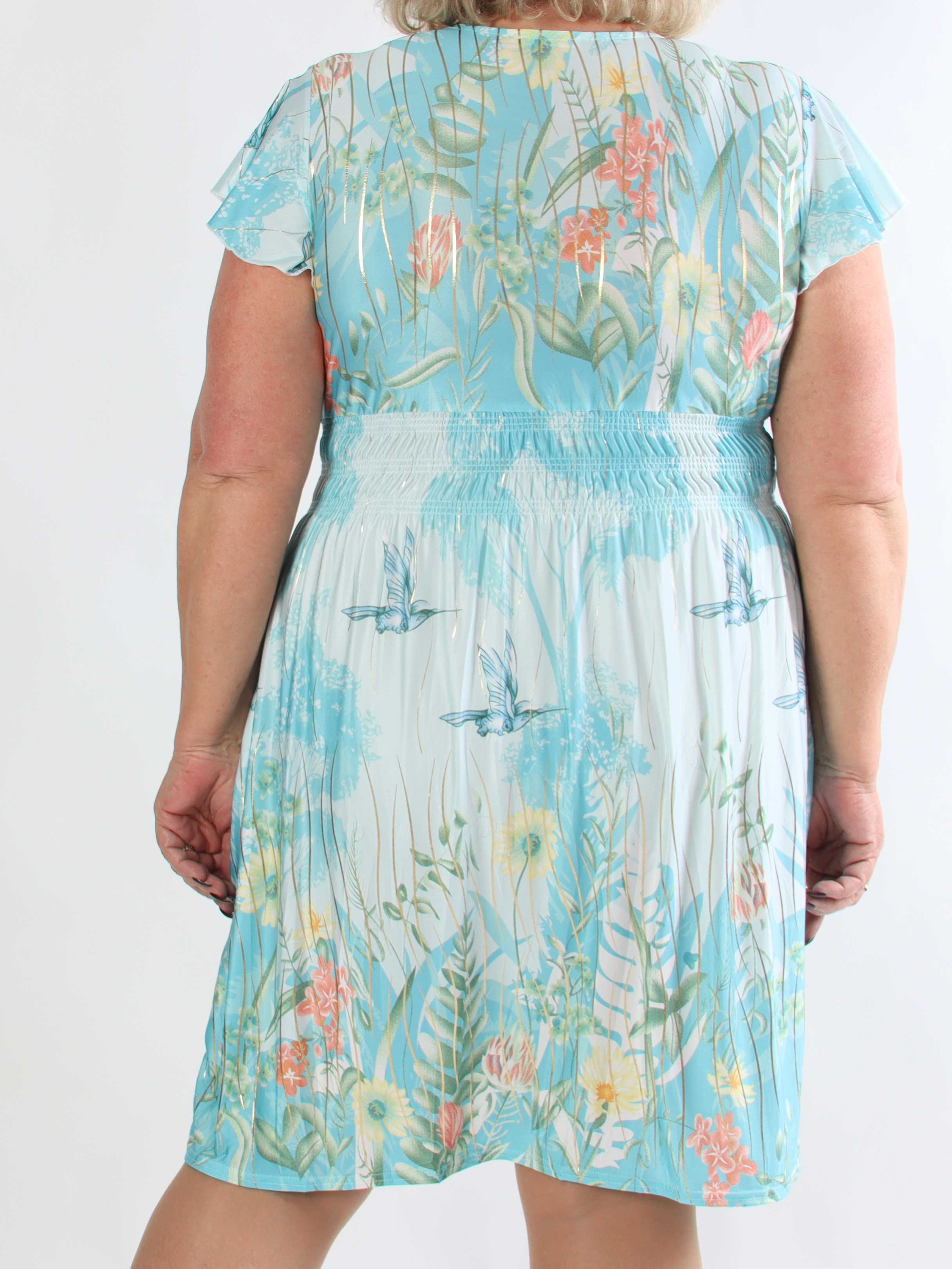 Pams Hummingbird Short - Kort plus size kjole med fuglemotiver og guld detaljer